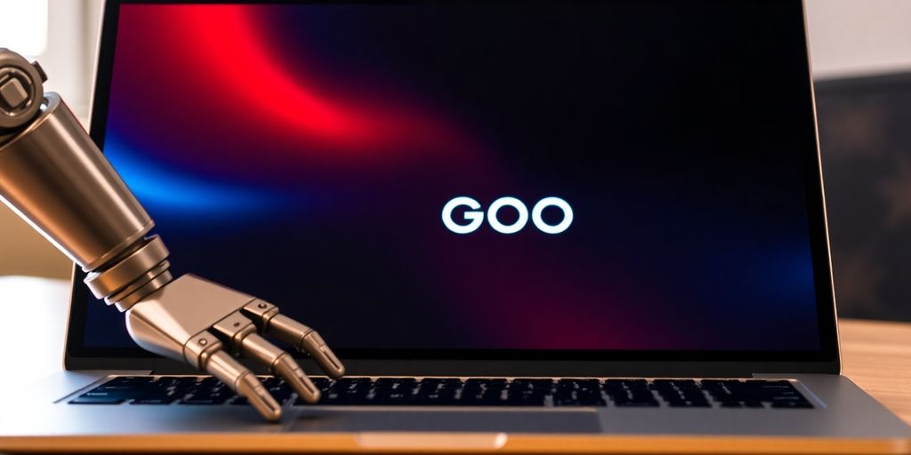 Laptop with Google logo, a robotic arm extending.
