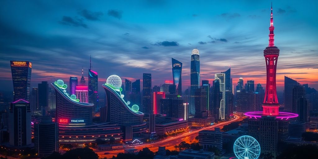 Futuristic city skyline with innovative technology and nature.