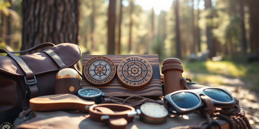 Wooden gifts for outdoor adventures in nature setting.