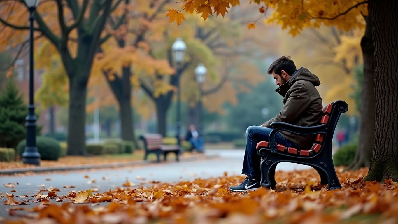 Person sitting on a park bench looking pensive