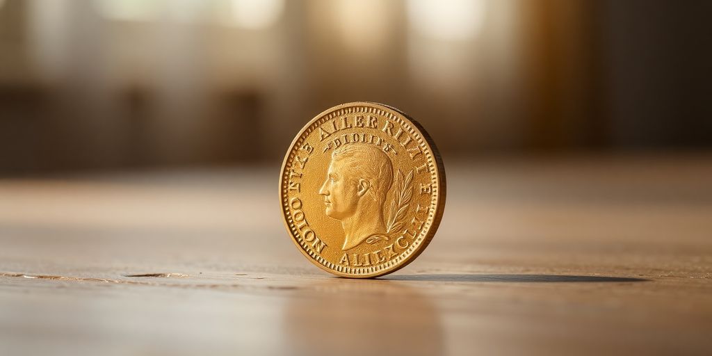 Pièce en or de Napoléon sur surface en bois.