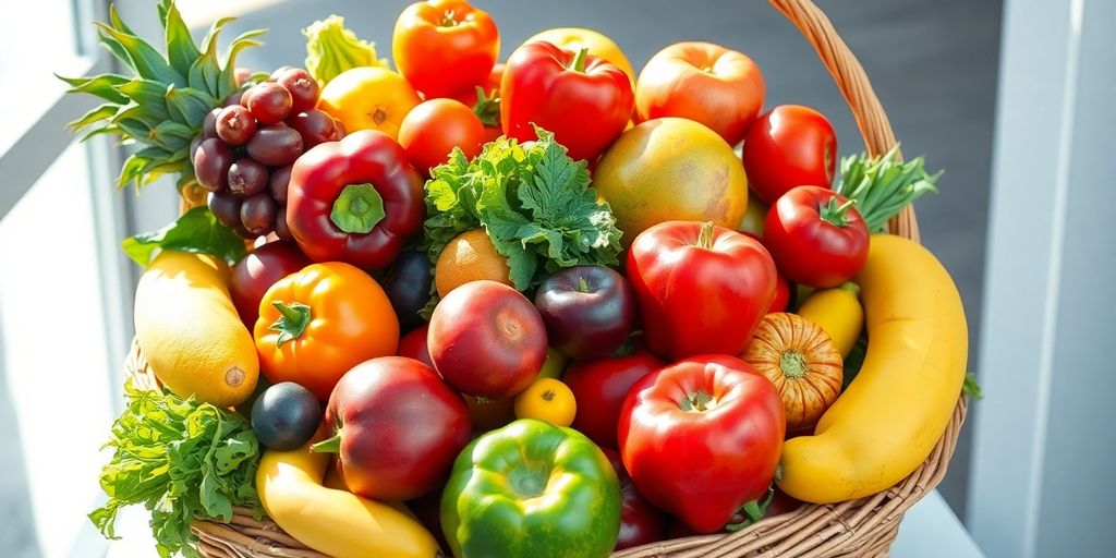 Panier de fruits et légumes frais sur un fond neutre.