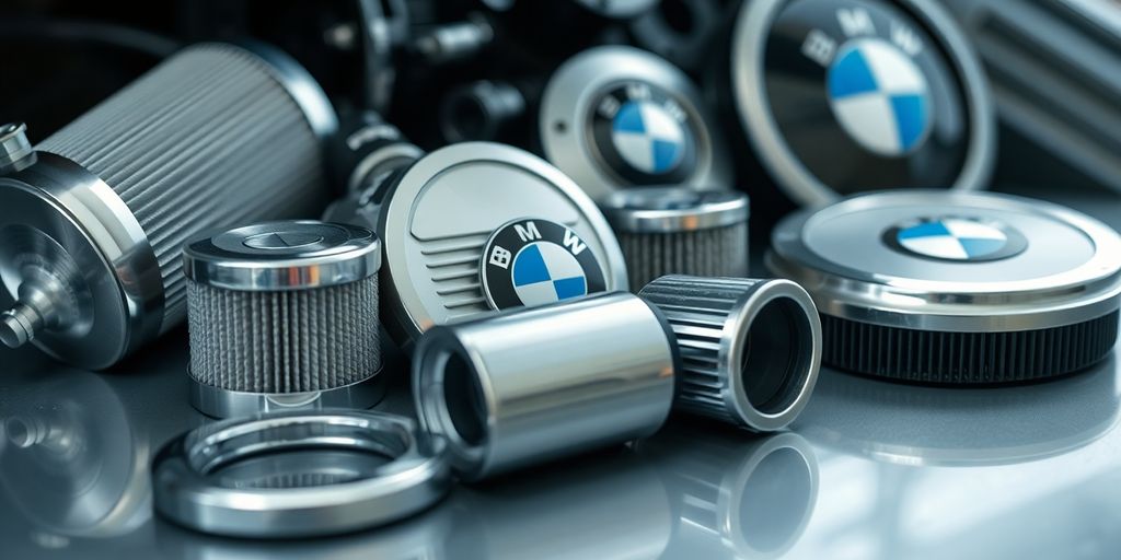 BMW car parts laid out neatly on a clean surface.