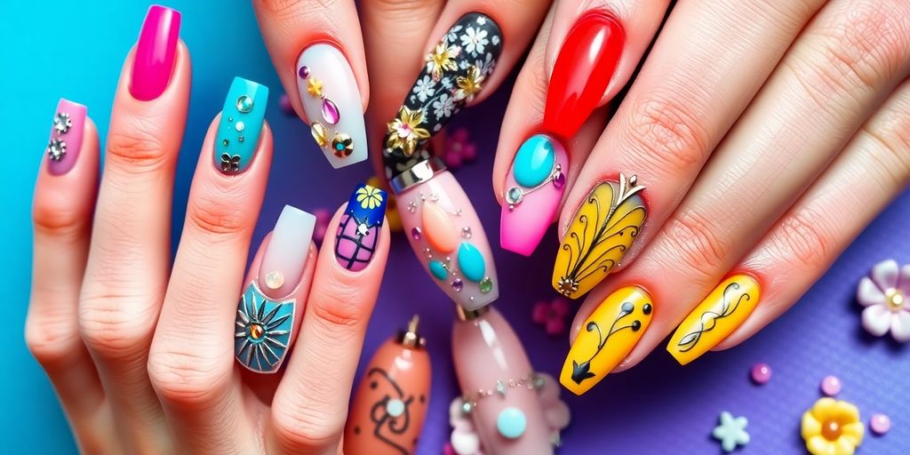 Unhas decoradas coloridas e artísticas com detalhes criativos.