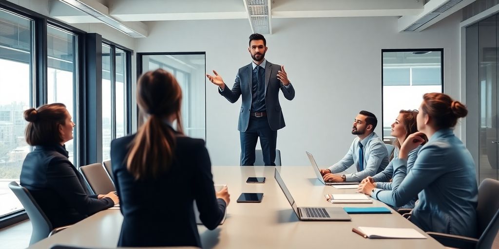 Professional leading a team meeting in an office.