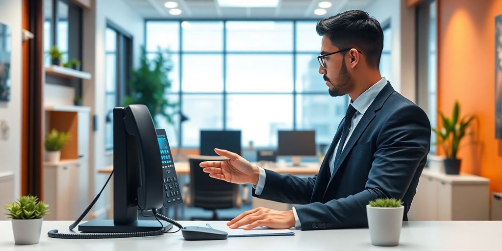 A professional using advanced phone technology in an office.