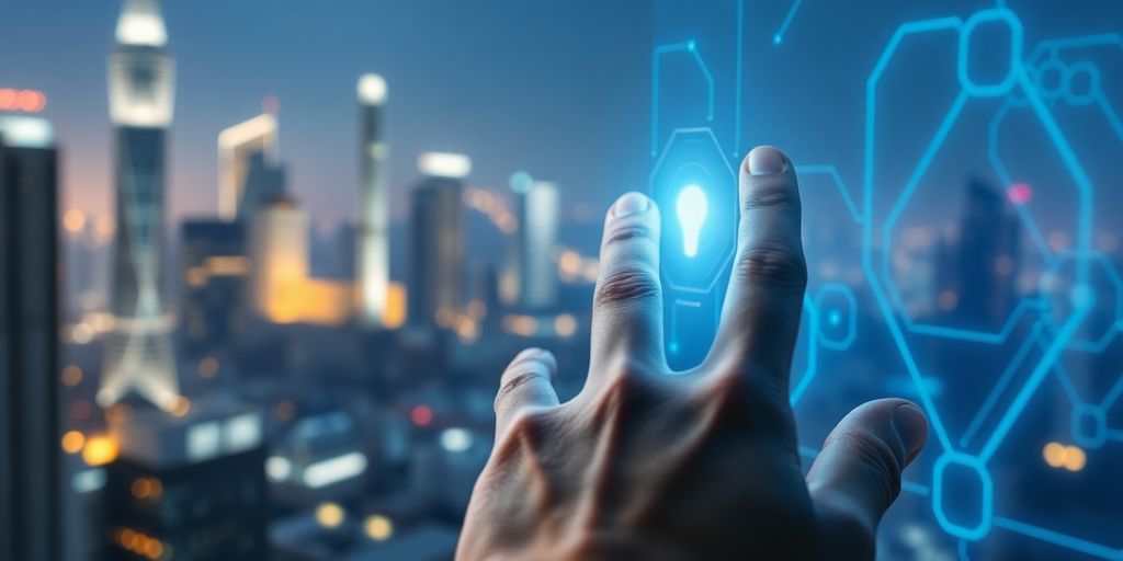 Close-up of hand touching glowing holographic screen in futuristic city.