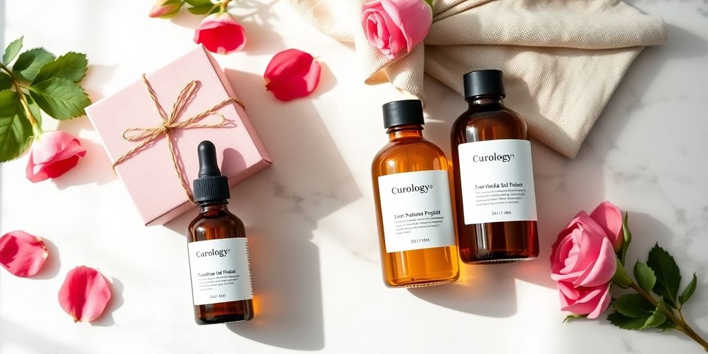 Flat lay of personalized Curology skincare bottles with rose petals