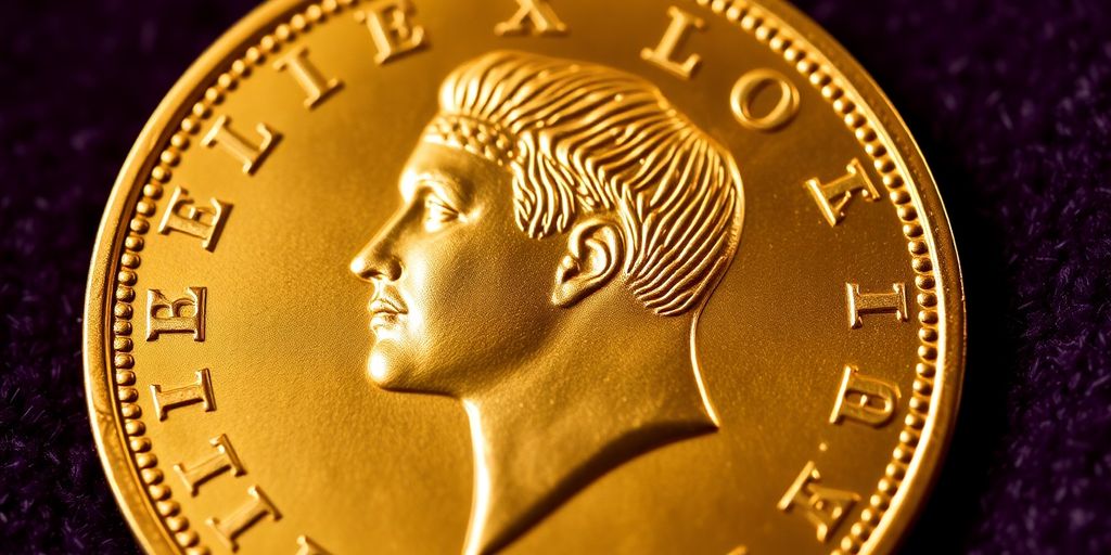 Une pièce en or de Napoléon sur fond velouté.