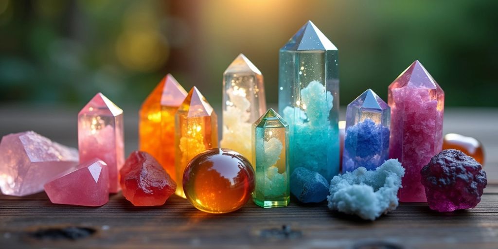 Cristalli colorati su una superficie di legno