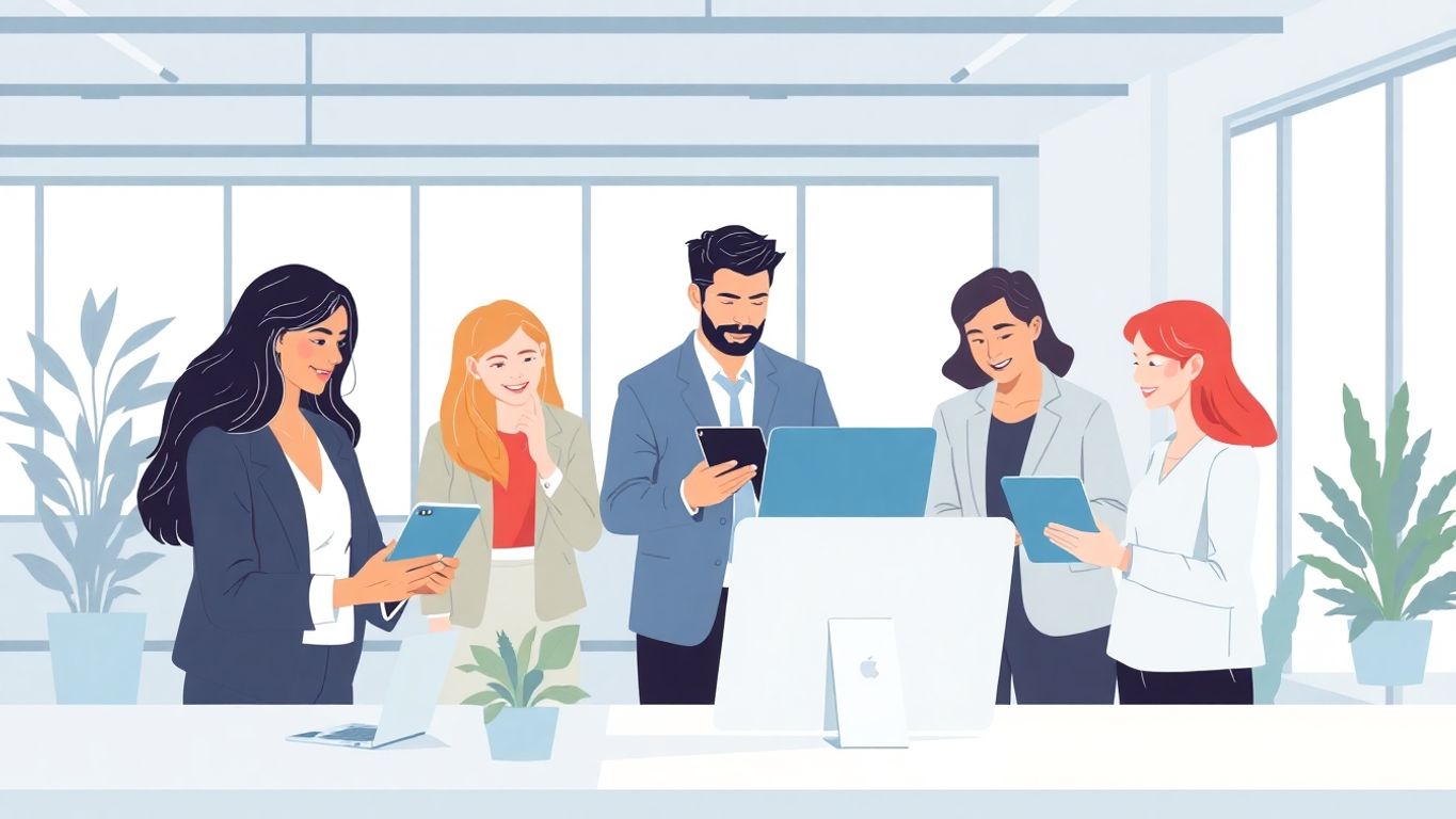 Gründere samarbeider med teknologi i et moderne miljø.