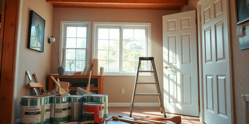 Cozy home interior with renovation tools and paint cans.
