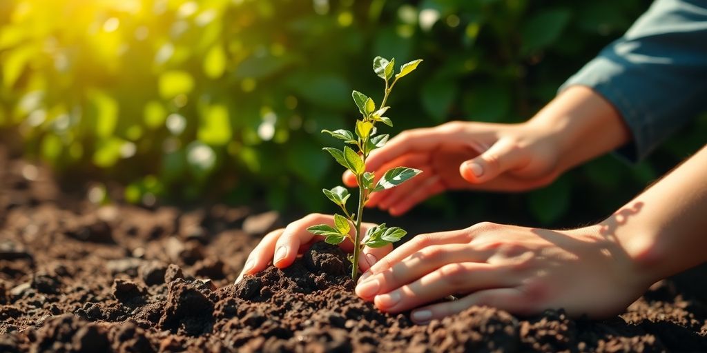 Mâini plantând un copac în pământ bogat.