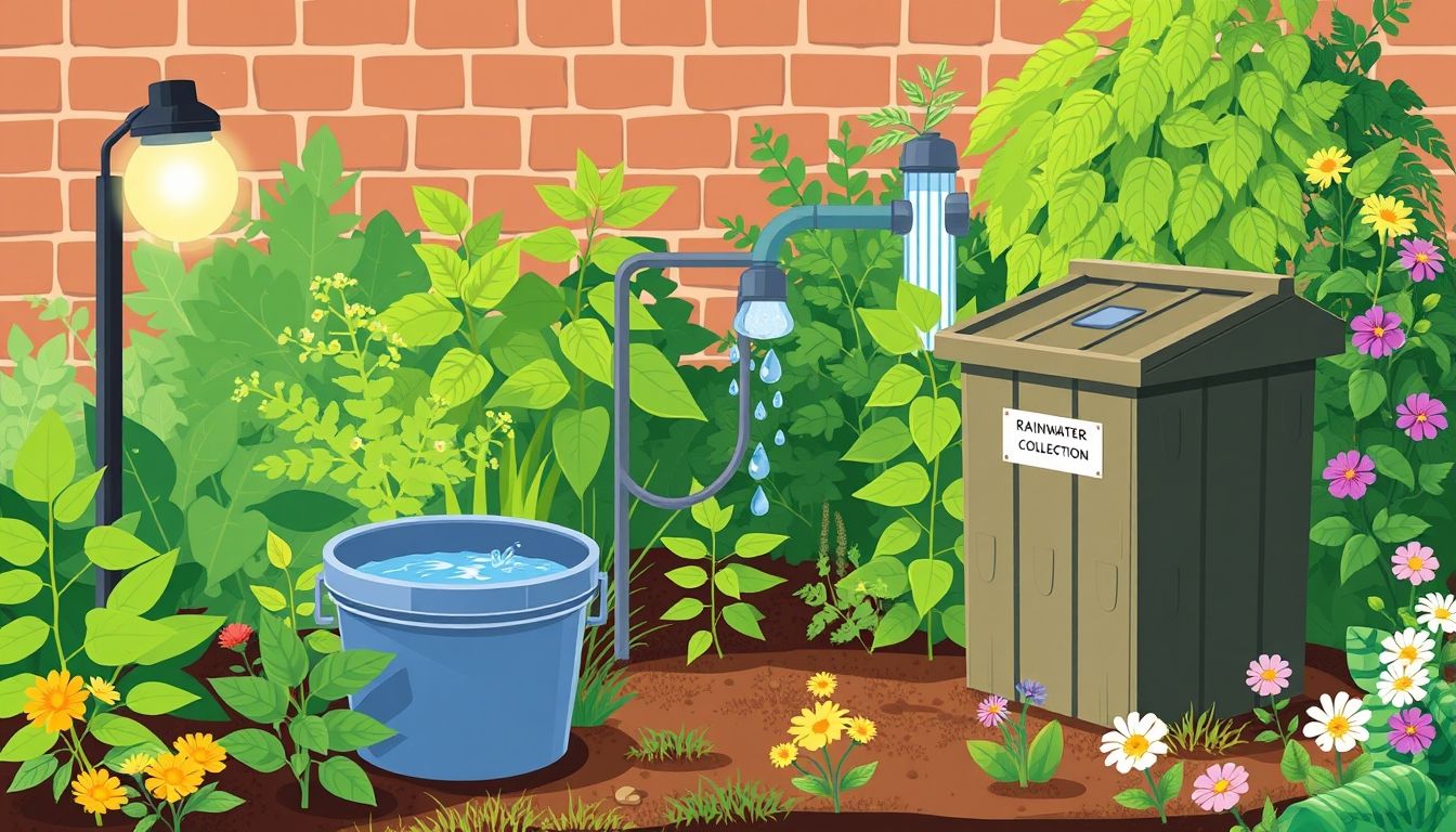 Illustrative garden with solar lights, rainwater system, and compost bin.
