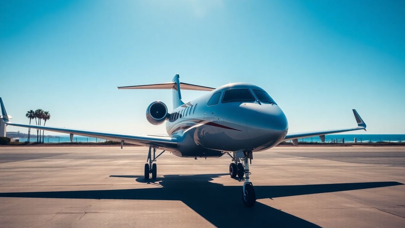 Private jet on tarmac with coastal California backdrop.