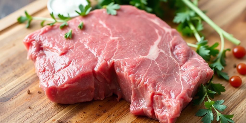 Close-up of a lean grass-fed beef cut on wood.