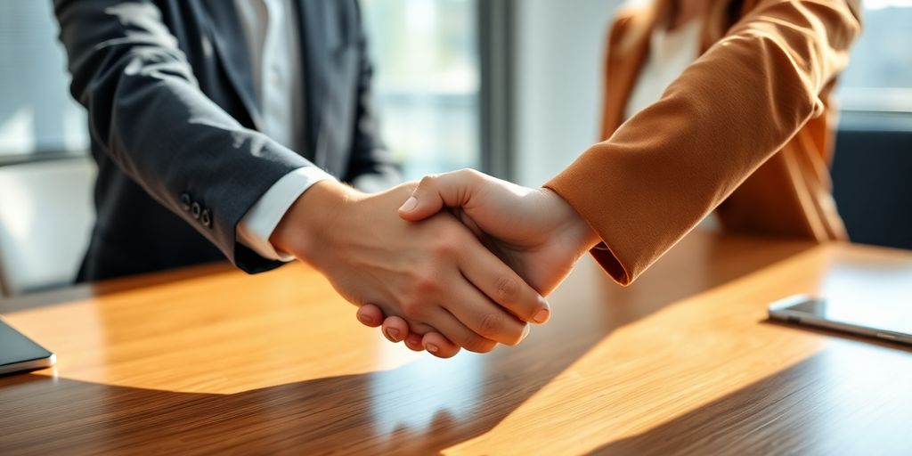 Person shaking hands with a new employer.