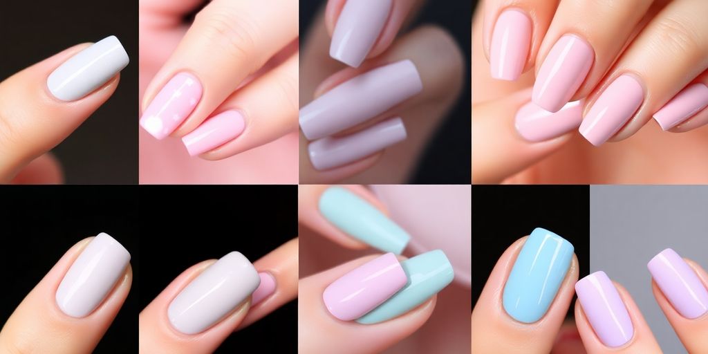 Várias unhas decoradas com cores claras e designs simples.