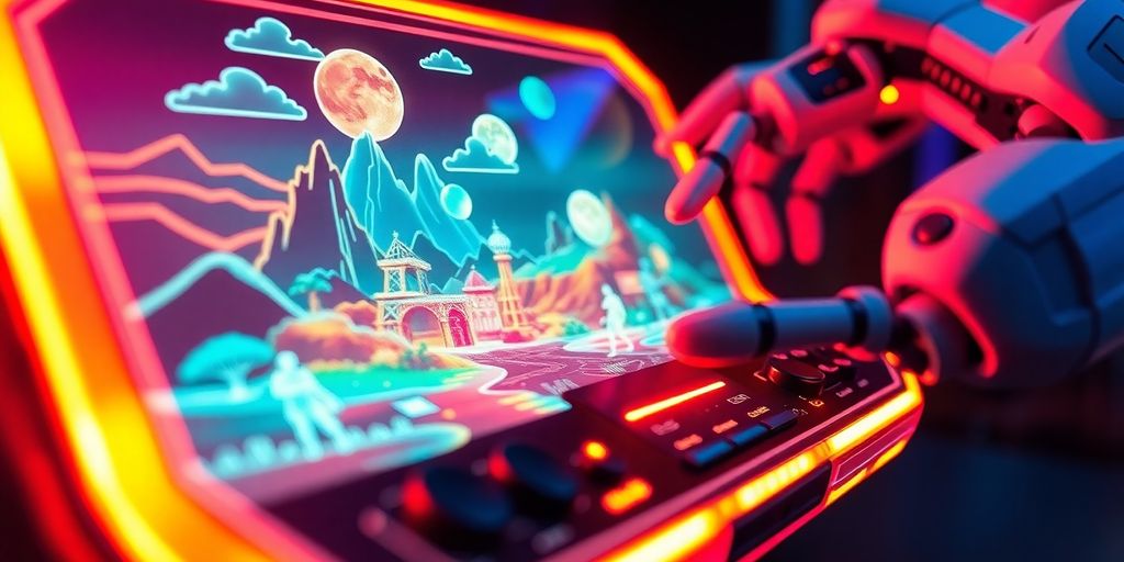 AI game builder creating virtual worlds.