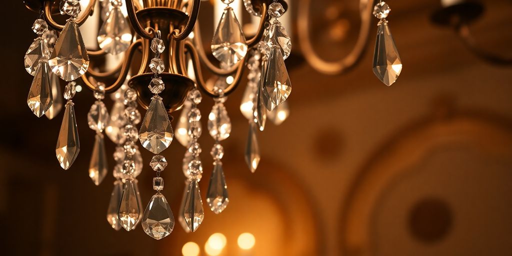 Ornate crystal chandelier, soft glow.