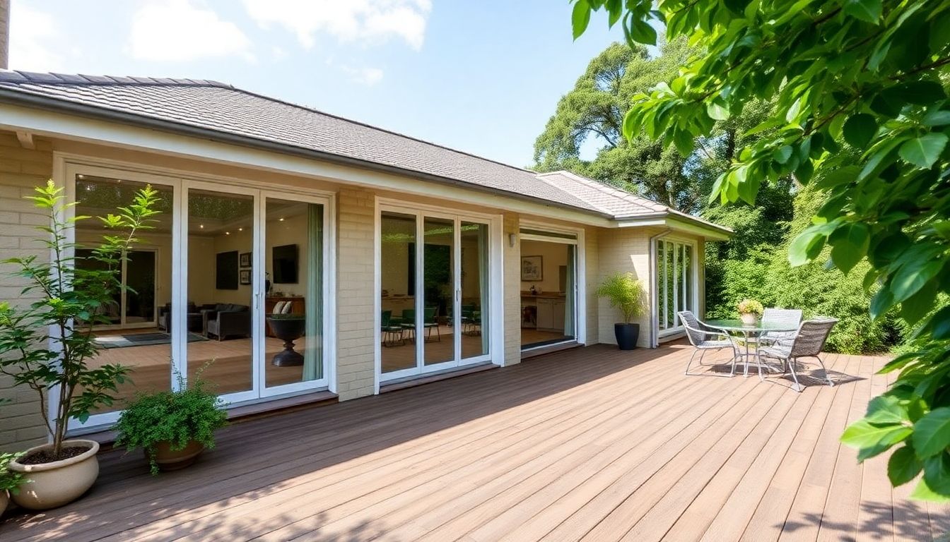 Refurbished bungalow with large windows and outdoor deck.
