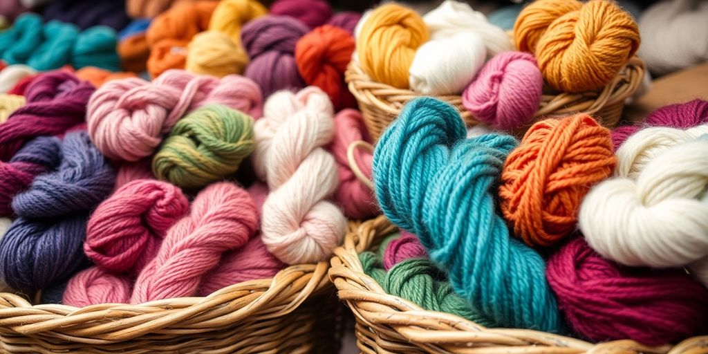 Colorful yarn skeins in baskets at Canadian Yarn store.