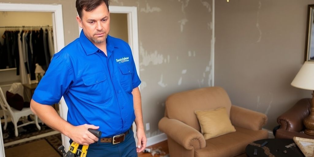 Technician assessing flood damage in a home.