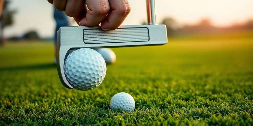Golfer's hands holding blade putter above dimpled ball on green