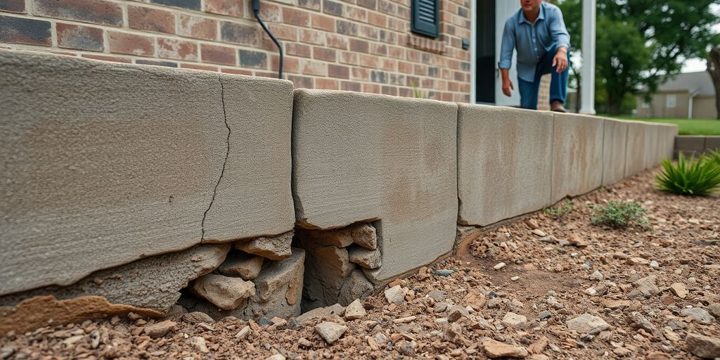 Cracked foundation with homeowner looking concerned.