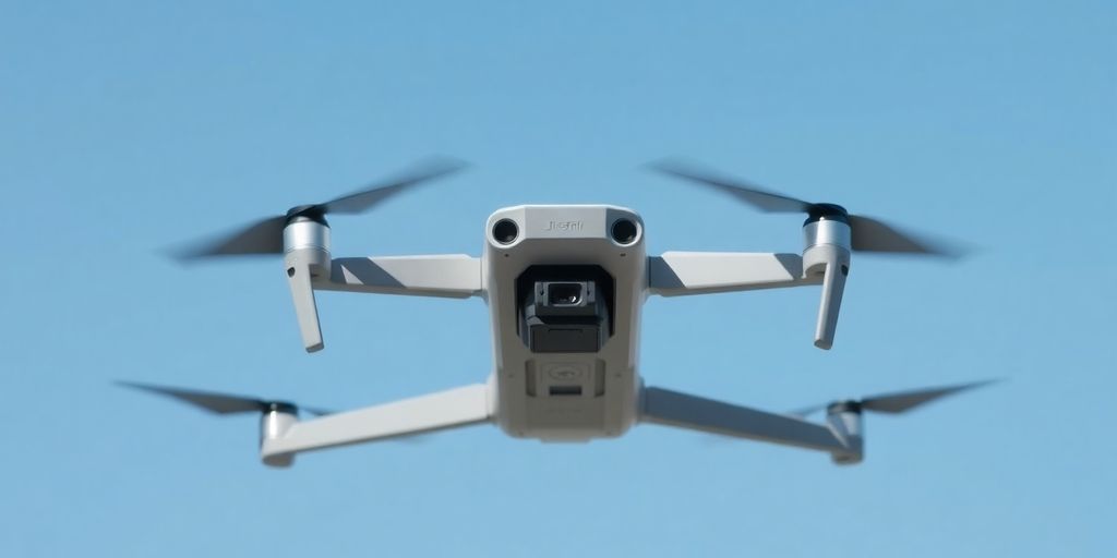 Drone DJI Air 3S en vol dans le ciel bleu.