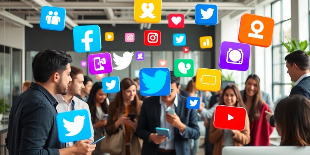 Business people collaborating around social media icons.