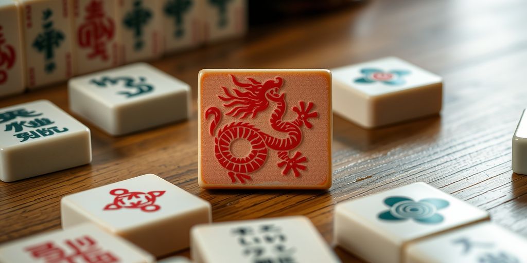 Red dragon mahjong tile on wooden table