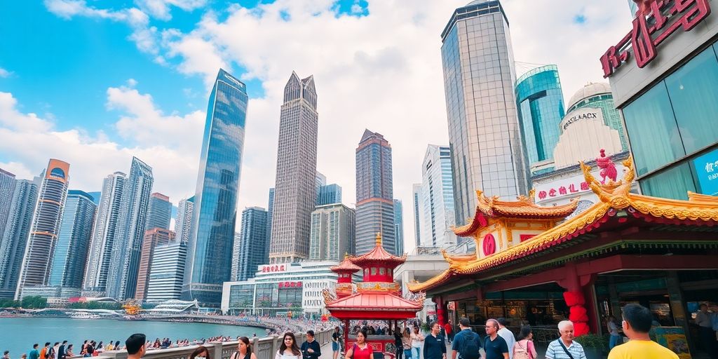 Hong Kong cityscape with skyscrapers and busy streets.