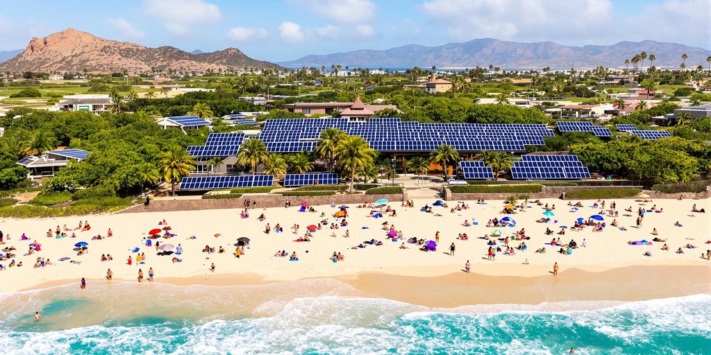 Beach scene in Los Cabos with solar panels and greenery.