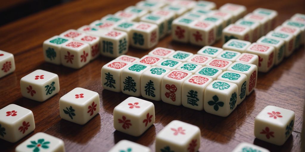Mahjong set with intricately designed tiles on a wooden table, perfect for an exciting game night.