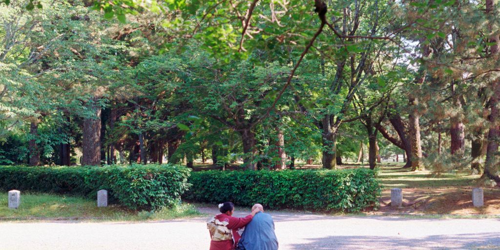 Two people sitting on a bench in a park