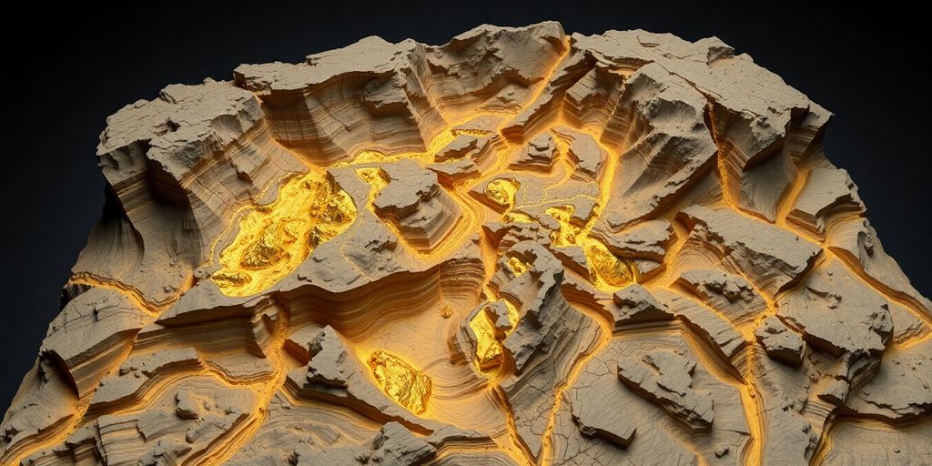 Carte 3D de gisements d'or avec des formations rocheuses.