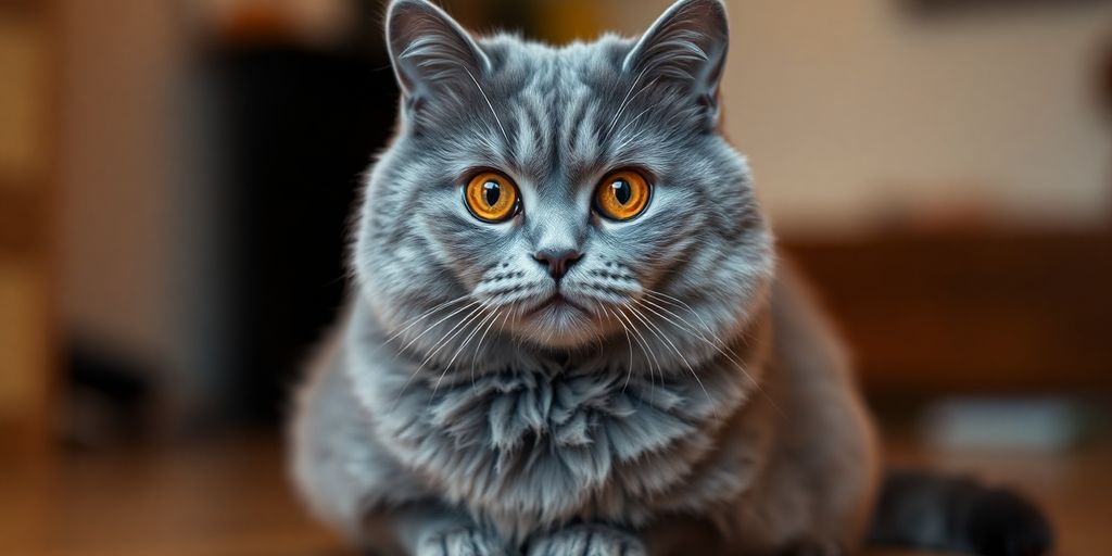 Fluffy, blue-grey British Shorthair cat sitting.