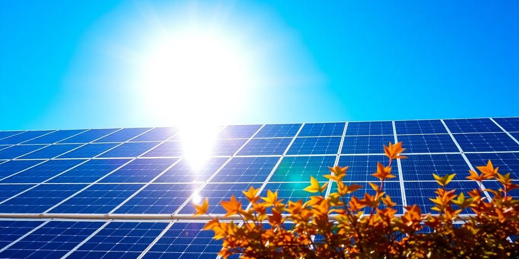 Solar panels with seasonal trees and blue sky.