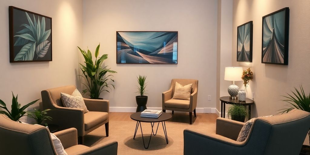 Calm therapy room with comfortable seating and soft lighting.