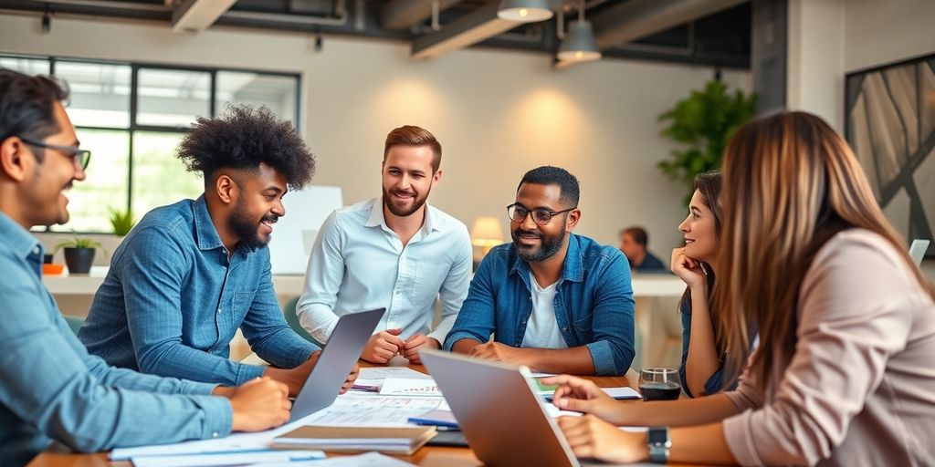 Entrepreneurs collaborating in a vibrant startup workspace.