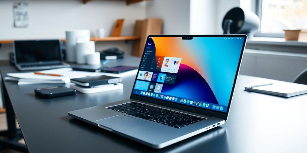Laptop moderno em mesa de trabalho organizada.