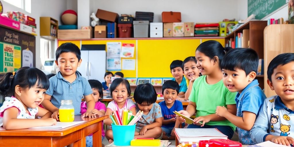 Diverse children learning in a colourful Manila classroom.