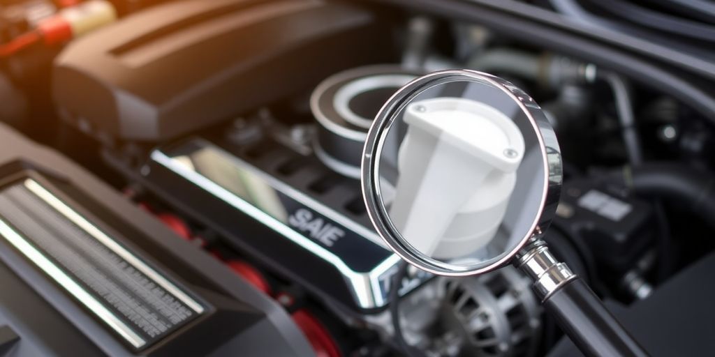 Car engine and magnifying glass inspecting auto parts.