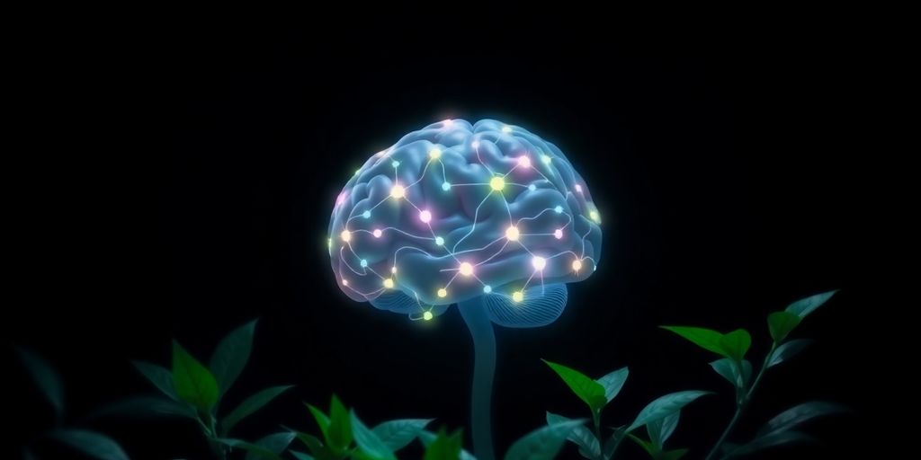Brain with neural connections and green plants in background.