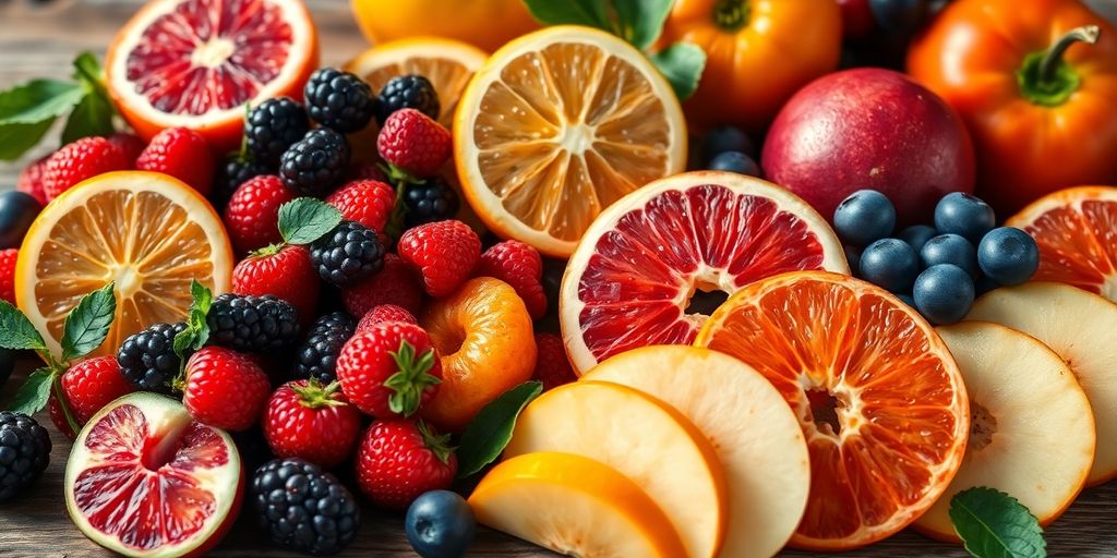 Colorful fruit assortment on a wooden table.