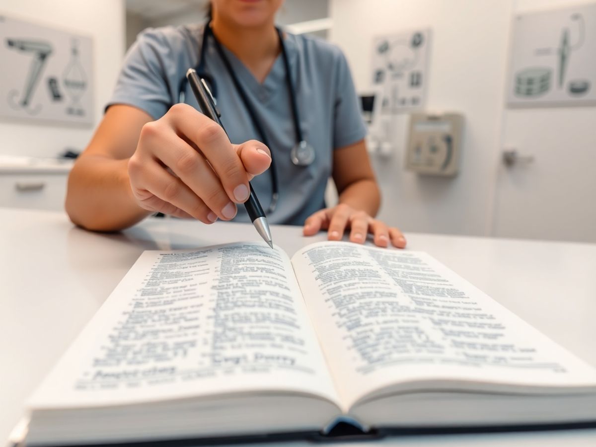 Studentă citește dicționar medical, birou, clinică.