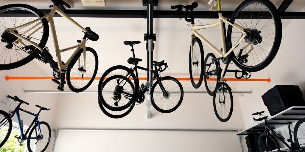 Ceiling storage for bicycles in a spacious garage.