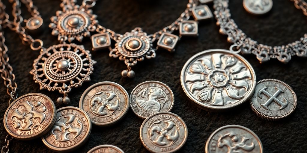 Ancient silver coins, jewelry, and artifacts.