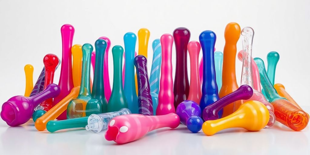 Colorful silicone dildo collection on a clean surface.